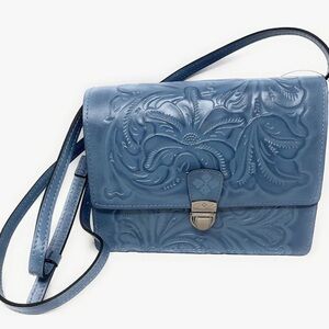 Like New Patricia Nash Laurentina Tooled Leather Crossbody, Safflower Blue